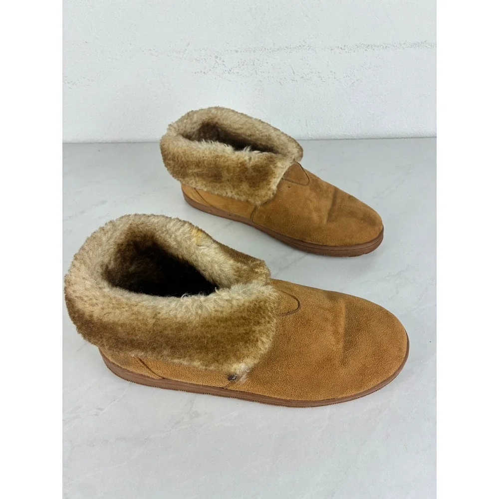 Apres Tan Suede Bootie Slippers - 9 - Wool Lined Faux Fur #Cozy #Winter #Cabin